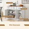 A white sideboard with a wooden top is shown with its doors and drawers open, displaying storage compartments. Text labels highlight different parts of the furniture. Náhľad obrázku produktu