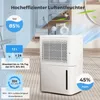 A white dehumidifier is shown in a room setting, with graphics highlighting its features and specifications. Produktbild-Vorschau