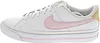 A side view of a white Nike Court Legacy sneaker with pink and gold accents. Voir les images du produit