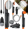 A collage of images showcasing a portable camping shower and its accessories, with some images showing water spraying from the showerhead. Produktbild-Vorschau