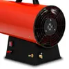 Close-up of the base and fan of a red gas heater. Produktbild-Vorschau