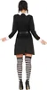 A person wearing a black dress with white collar and cuffs, black belt, and striped thigh-high socks, standing with their back to the camera. Produktbild-Vorschau