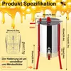 A diagram showing the specifications of a honey extractor, with honey dripping from honeycomb graphics at the top. Produktbild-Vorschau