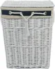 A white wicker laundry basket with a navy and beige fabric trim and a drawstring closure. Náhled obrázku produktu