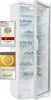 A white glass-door refrigerator is shown with its door open, displaying multiple shelves stocked with bottles. Several award badges are affixed to the left side of the refrigerator. Produktbild-Vorschau