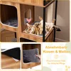 A cat is relaxing on a multi-level cat tree, with close-up shots of the cushions and a washing machine icon. Podgląd zdjęcia produktu