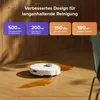 A white robot vacuum cleaner is shown on a wooden floor with some spilled liquid. Above the robot, there are four informational boxes detailing its features. Produktbild-Vorschau