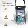 A waterproof phone case with a phone inside showing a water sports scene, surrounded by water splashes and icons representing swimming, boating, and surfing. Produktbild-Vorschau