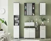A modern bathroom vanity set with a sink, cabinets, and storage units against a light green wall. Produktbild-Vorschau