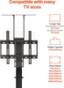 A diagram showing a motorized TV lift stand with text overlays detailing its specifications. Produktbild-Vorschau