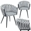Three views of a light gray armchair with a braided design and black legs, presented on a white background. Produktbild-Vorschau