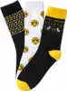 Three pairs of socks with the BVB Dortmund logo and Christmas-themed patterns. Produktbild-Vorschau