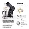 A black stand mixer with a metal bowl is shown with various features highlighted through text and diagrams. Podgląd zdjęcia produktu
