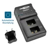 A black ANSMANN Powerline 2 battery charger with a European plug adapter and a graphic indicating automatic shut-off. Produktbild-Vorschau