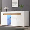 A modern white and wood-effect sideboard with blue LED lighting, displayed in a home setting. Voir les images du produit