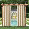 Outdoor curtains hanging from a wooden pergola next to a swimming pool. Produktbild-Vorschau