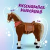 A plush toy horse with a saddle and bandana, with text overlays indicating dimensions and a playful slogan. Podgląd zdjęcia produktu