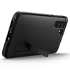 A black Spigen phone case with a kickstand is shown from a rear-side angle against a white background. Náhľad obrázku produktu