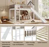 A collage of images showing a children's loft bed with a slide and ladder, along with close-up details of its features. Produktbild-Vorschau