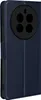 A dark blue flip case for a smartphone is shown from a diagonal angle, with the camera module area visible. Produktbild-Vorschau