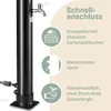 A close-up of a black solar shower column with a faucet and a hose connection, accompanied by marketing icons and text. Produktbild-Vorschau