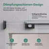 Close-up of a sliding door track system with descriptive text highlighting its features. Produktbild-Vorschau