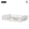A diagram showing the dimensions of a white bed frame with storage drawers. Produktbild-Vorschau