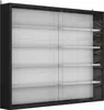 A black and white display cabinet with sliding glass doors and multiple shelves. Podgląd zdjęcia produktu