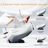 A woman is shown floating in a zero-gravity position, demonstrating the recline capabilities of a massage chair. The chair itself is shown in various positions. Produktbild-Vorschau