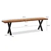 A wooden bench with black metal legs, shown with dimensions indicated by text overlays. Produktbild-Vorschau