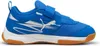 A side view of a blue Puma sneaker with white accents and a brown sole. Produktbild-Vorschau