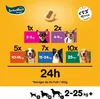 A marketing image showing dog treat recommendations based on dog weight, with images of dogs and treat portions. Náhľad obrázku produktu