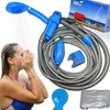 A woman is showering outdoors with a portable shower set. Produktbild-Vorschau