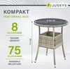 A marketing image showing a round polyrattan garden table with dimensions and weight information. Produktbild-Vorschau