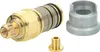 A set of plumbing parts, including a brass cartridge, a silver adapter, and a small brass fitting, are arranged on a white background. Produktbild-Vorschau