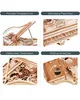 A collage of four images showcasing different features of a 3D wooden toy piano. Podgląd zdjęcia produktu