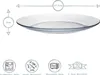 A clear glass plate is shown with dimensions indicated. Below the plate are icons representing features like dishwasher safe, shock resistant, and microwave safe, along with a warranty icon. Podgląd zdjęcia produktu