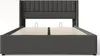 A studio shot of a gray upholstered bed frame with a slatted base, shown from the front. Produktbild-Vorschau