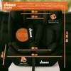 A black child car seat with measurement overlays and descriptive text. Produktbild-Vorschau