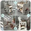 A collage of four images showing a wooden baby walker with various activity features, with a baby interacting with it in some panels. Produktbild-Vorschau