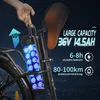 A hand is shown holding the battery of an e-bike, with text overlays describing its features. Produktbild-Vorschau
