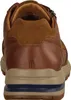 The back view of a brown leather shoe with a tan suede accent and a layered sole. Produktbild-Vorschau