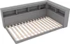 A gray daybed with a slatted mattress base and built-in shelving units.