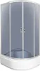 A modern shower cabin with frosted glass doors and a white base, presented on a white background. Podgląd zdjęcia produktu