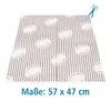 A sheet of patterned paper with stripes and circular logos, shown from a diagonal angle. Produktbild-Vorschau