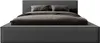 A dark gray upholstered bed with two pillows and a folded blanket. Produktbild-Vorschau