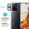 A close-up marketing image showing a smartphone's camera module and a protective glass cover for it, with accompanying text describing its features. Produktbild-Vorschau