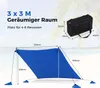 A blue beach tent set up on a beach, with a black carrying bag shown in the upper right corner. Dimensions and capacity are indicated with text. Produktbild-Vorschau