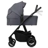 A side view of a gray and black baby stroller with a bassinet attachment. Produktbild-Vorschau
