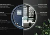 A split image showing the technical details of a round LED mirror on the left and a lifestyle shot of the mirror in a bathroom on the right. Produktbild-Vorschau